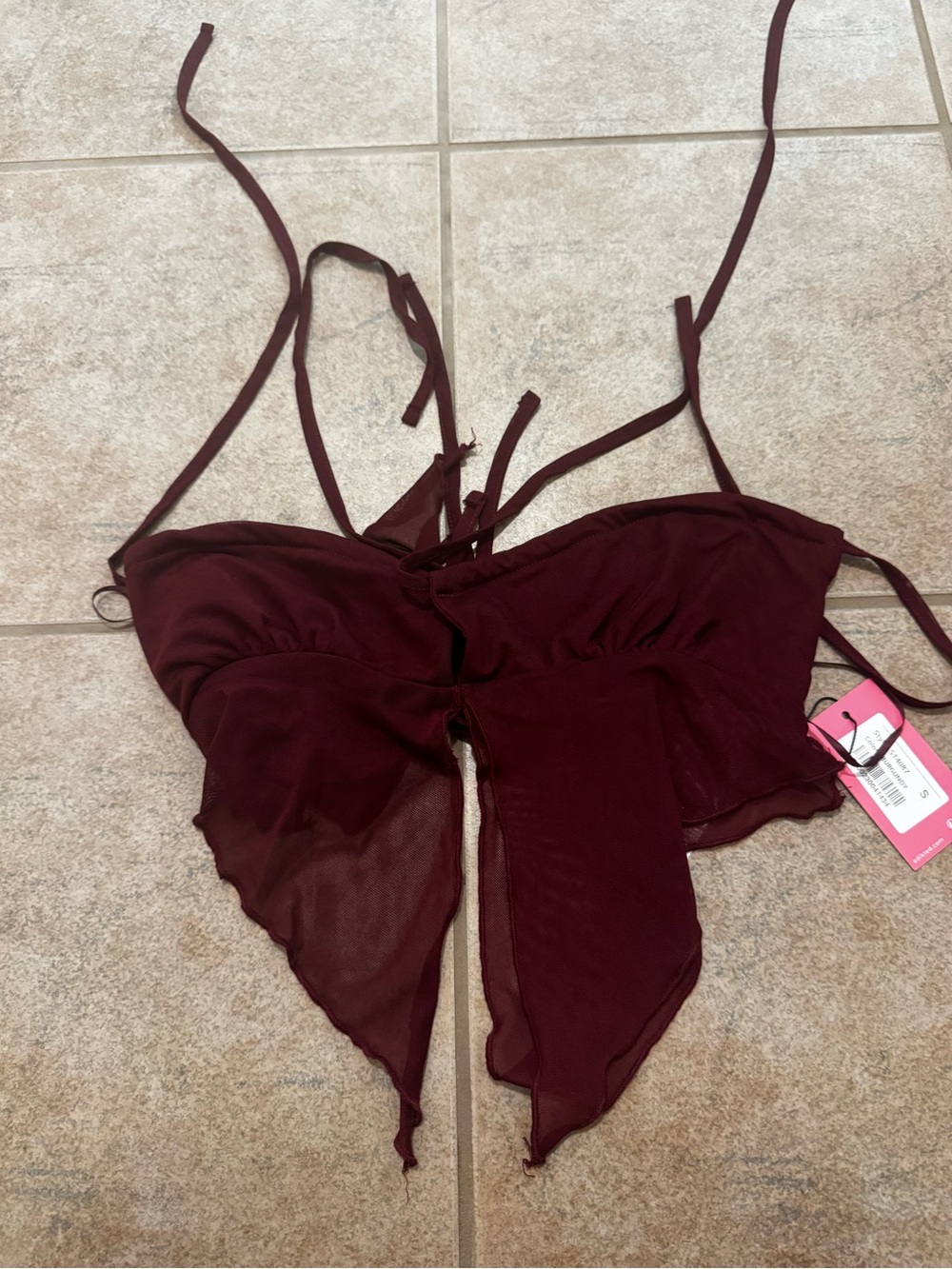 Edikted Maroon Tie-Front Sheer Halter Crop Top